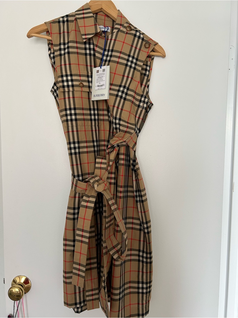 Burberry Tan Check Sleeveless Midi Shirt Dress